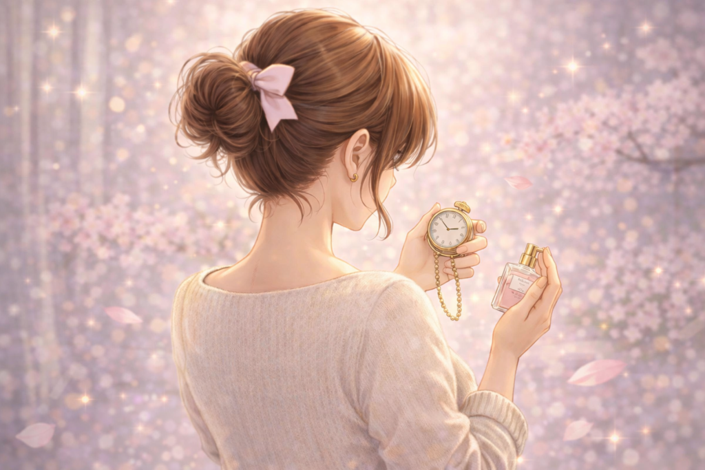 香水をつけるタイミングを確認する女性のイメージ（香水コラム）